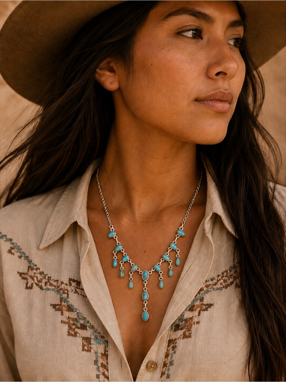 Genuine Turquoise Teardrop and 925 Sterling Silver Necklace - Women Jewelry